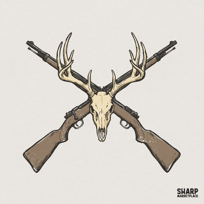 Deer Skull Antlers PNG, Crossed Rifle Hunting Design - 300 DPI Design for