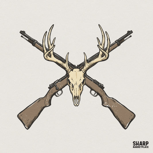 Deer Skull Antlers PNG, Crossed Rifle Hunting Design - 300 DPI Design for