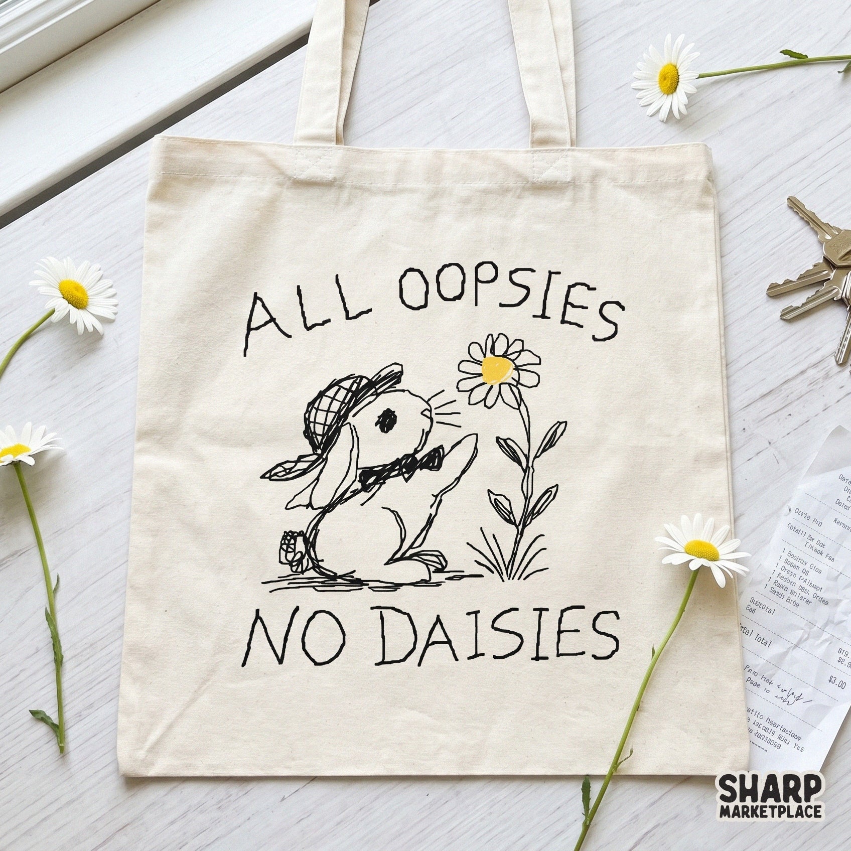 Cute rabbit line art design with a yellow daisy center and the phrase All Oopsies No Daisies, ideal for sublimation, stickers, and custom apparel.