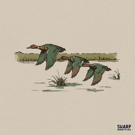Vintage style illustration of three flying ducks over a marsh, featuring earthy tones for rustic apparel and sublimation projects.
