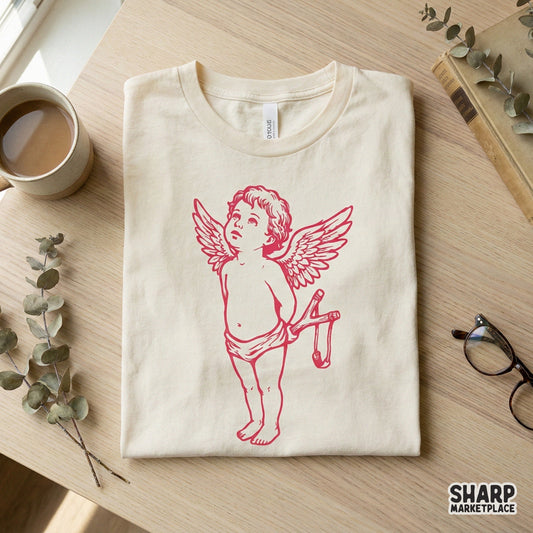 Vintage Cherub With Slingshot PNG, Retro Angel Graphic Tee - 300 DPI