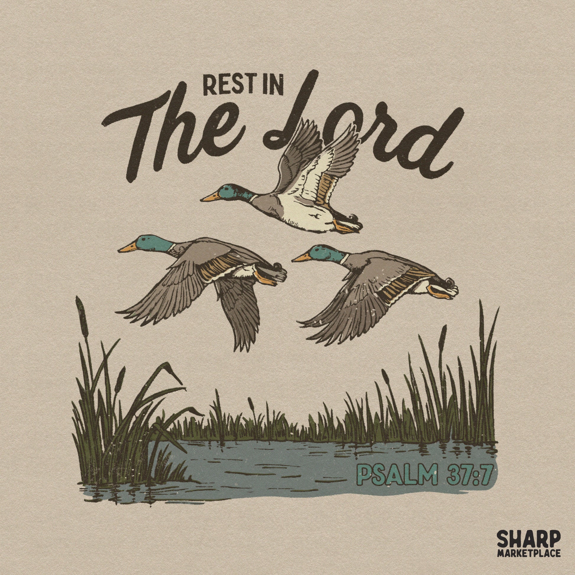 Mallard duck hunting graphic with Christian Psalm 37:7 bible verse PNG for faith-based shirt designs