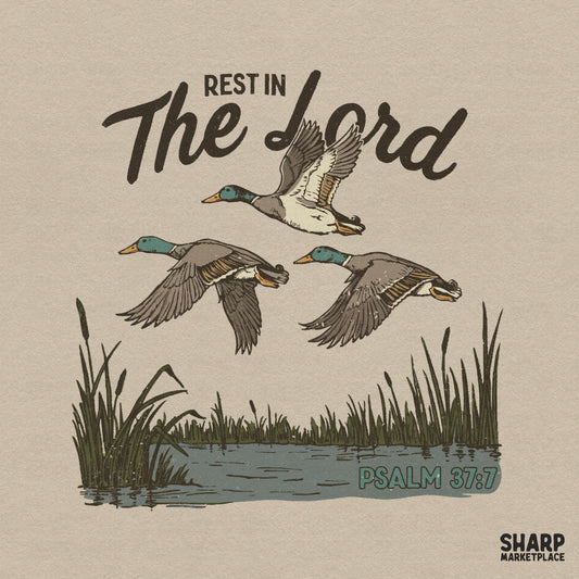 Mallard duck hunting graphic with Christian Psalm 37:7 bible verse PNG for faith-based shirt designs