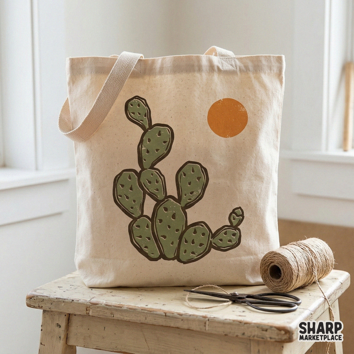 Digital prickly pear cactus illustration with a warm orange sun, perfect for western-themed sublimation transfers, vinyl stickers, and wall art.