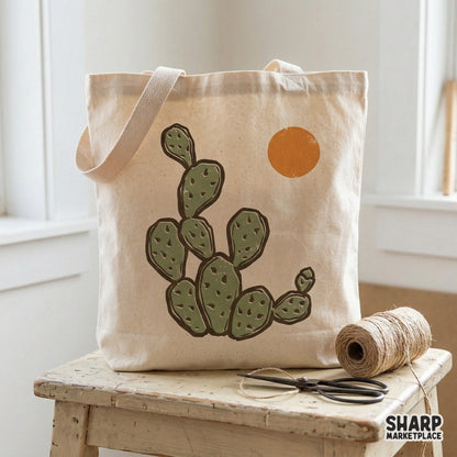 Digital prickly pear cactus illustration with a warm orange sun, perfect for western-themed sublimation transfers, vinyl stickers, and wall art.