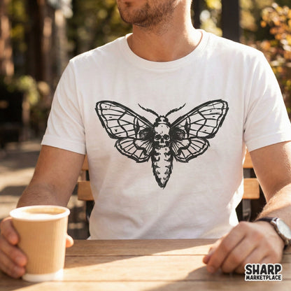 Versatile gothic insect artwork featuring a symmetrical moth with skull motifs, perfect for custom streetwear, stickers, and dark aesthetic wall art.