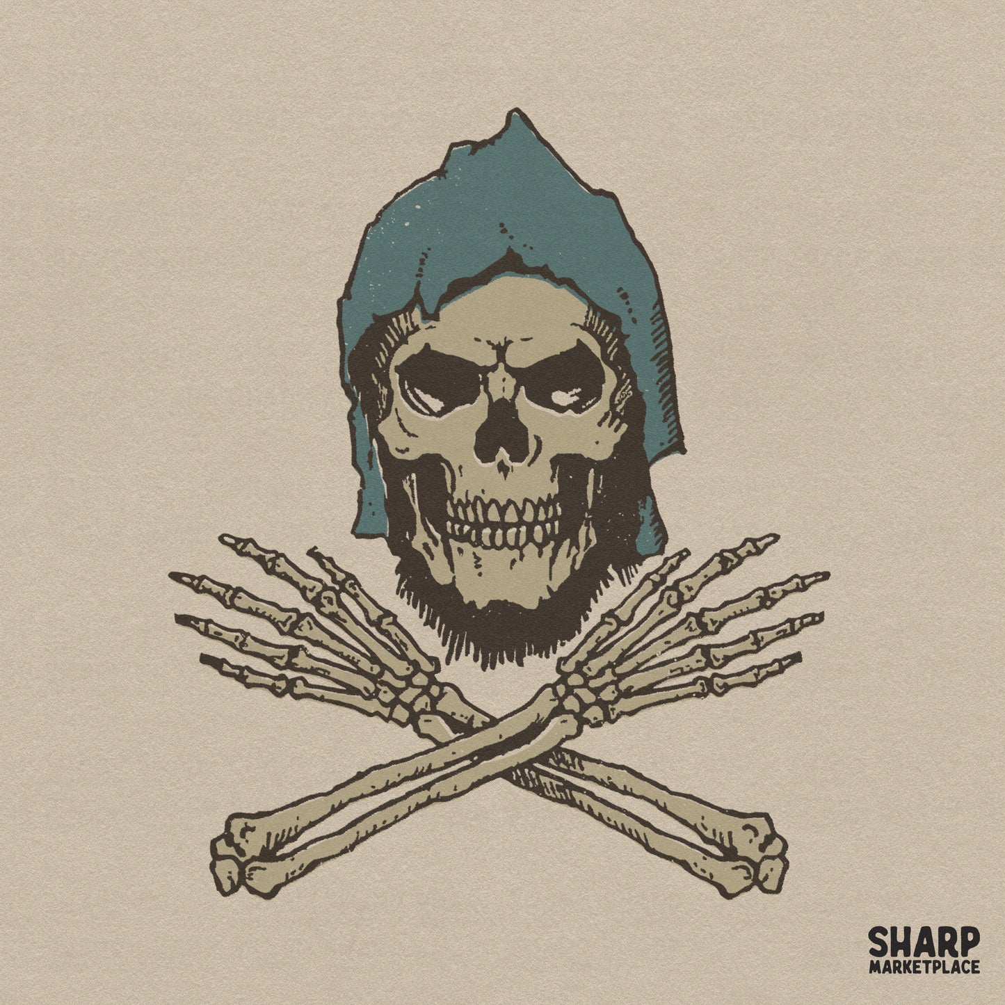 Edgy grim reaper skull with a blue hood and crossed bones design for gothic horror streetwear and sublimation prints