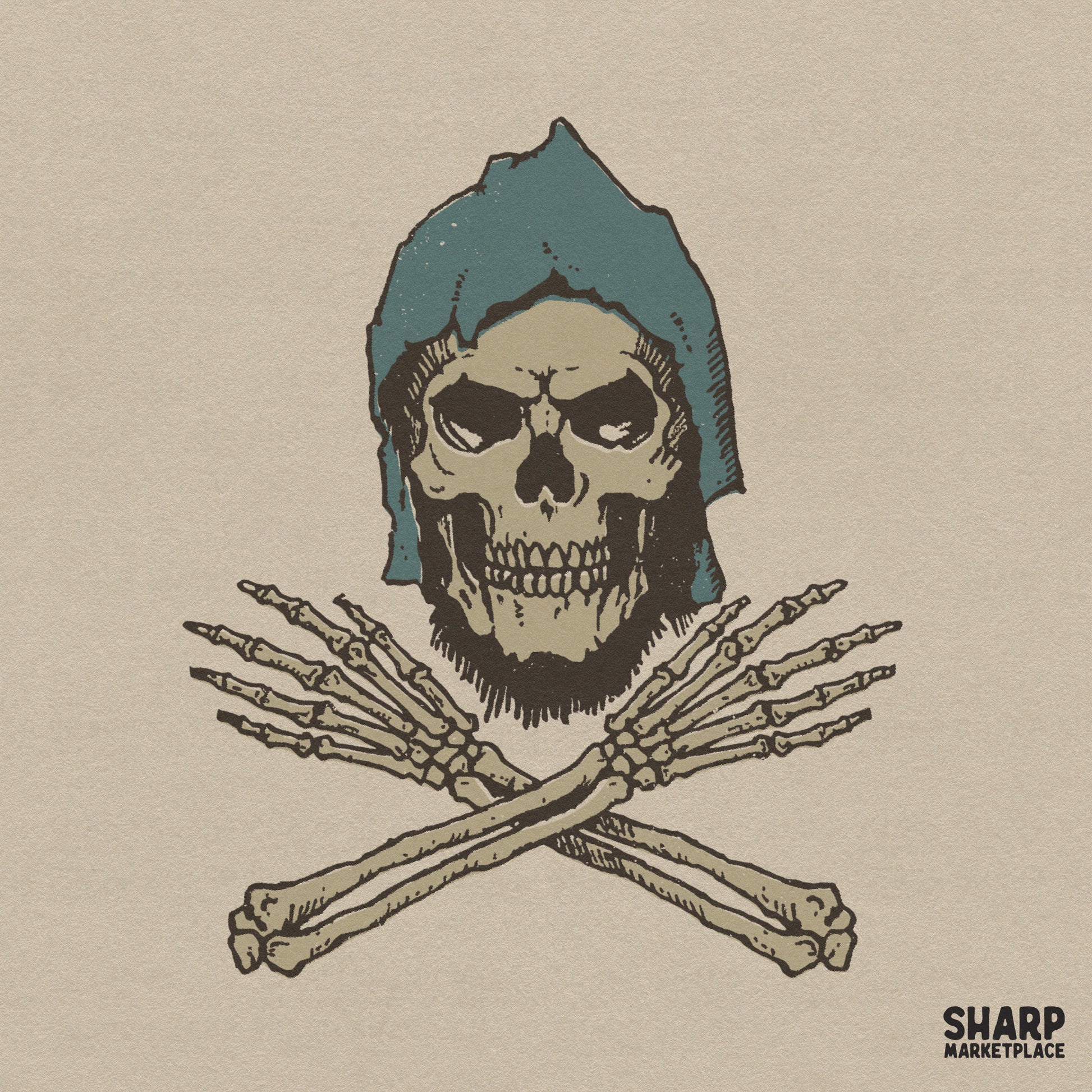 Edgy grim reaper skull with a blue hood and crossed bones design for gothic horror streetwear and sublimation prints