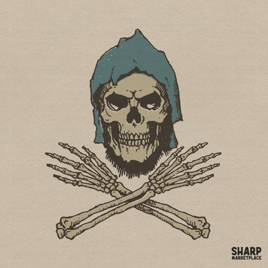 Edgy grim reaper skull with a blue hood and crossed bones design for gothic horror streetwear and sublimation prints