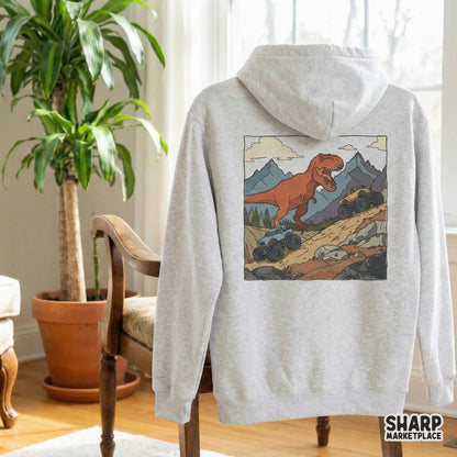Detailed artwork of a massive dinosaur and two lifted 4x4 vehicles in a rugged mountain landscape, ideal for stickers, tumblers, and apparel graphics.