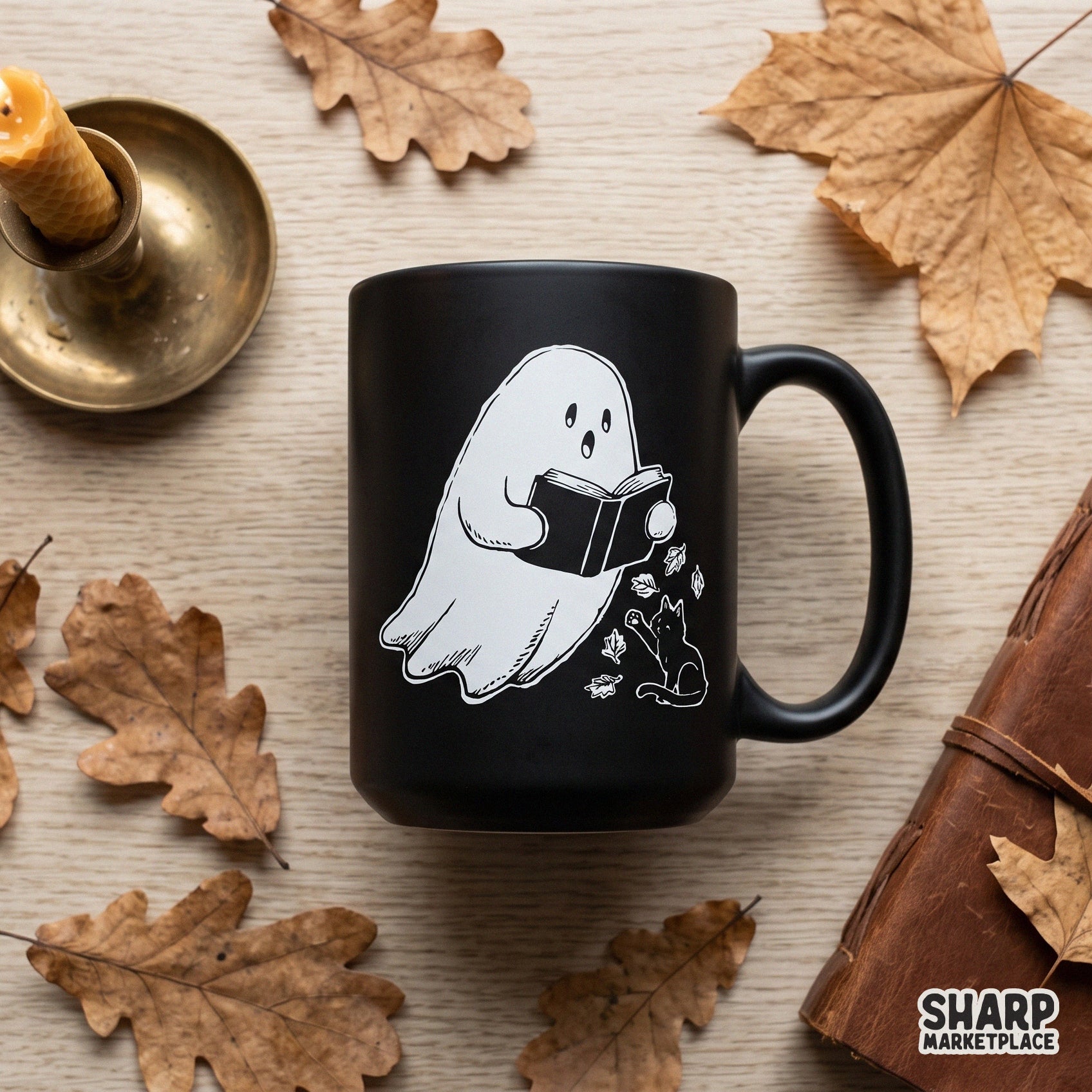 Cute ghost reading a book with a black cat for cozy season Halloween sublimation crafts