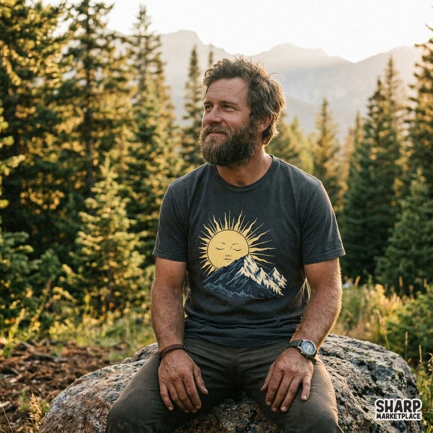 Vintage sleeping sun over mountain peak and pine trees digital PNG design for retro summer camping t-shirts
