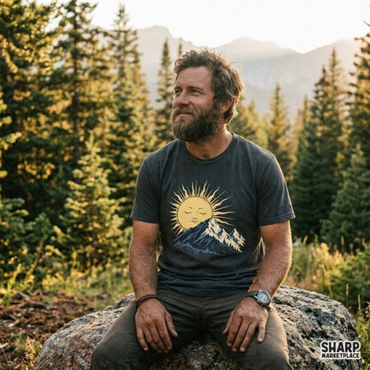 Vintage sleeping sun over mountain peak and pine trees digital PNG design for retro summer camping t-shirts
