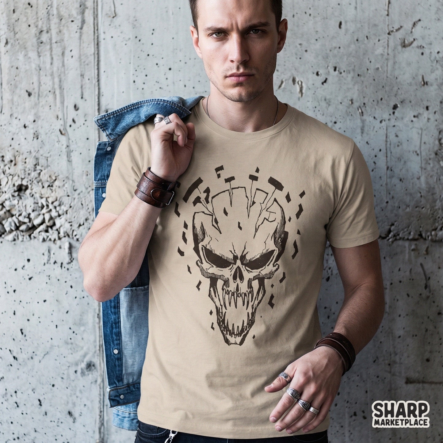 Shattered edgy skull head in a dark grunge aesthetic style for Halloween PNG shirts and spooky retro tattoo designs