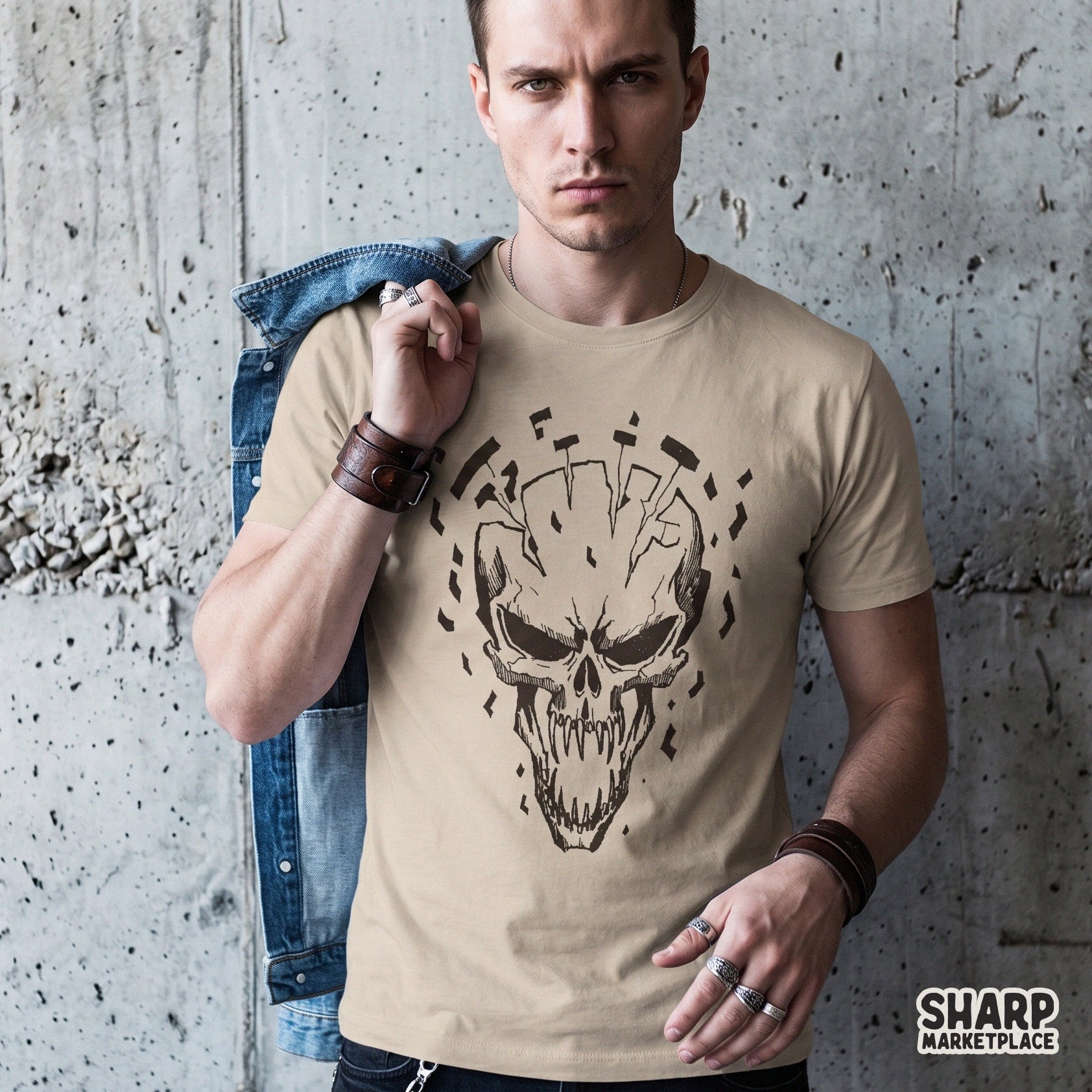 Shattered edgy skull head in a dark grunge aesthetic style for Halloween PNG shirts and spooky retro tattoo designs