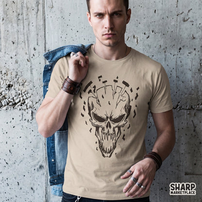 Shattered edgy skull head in a dark grunge aesthetic style for Halloween PNG shirts and spooky retro tattoo designs