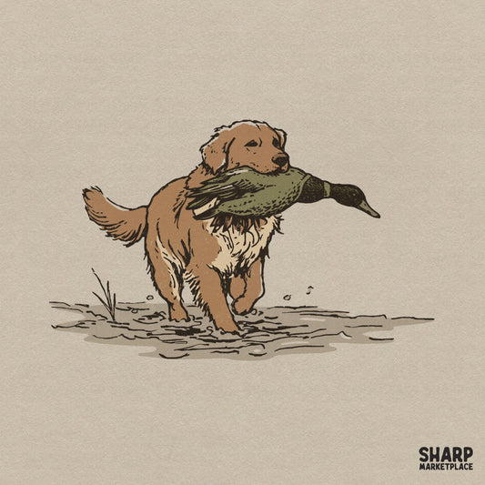 Vintage style illustration of a golden retriever carrying a duck in its mouth, rendered in earthy tones for hunting-themed apparel and sublimation.