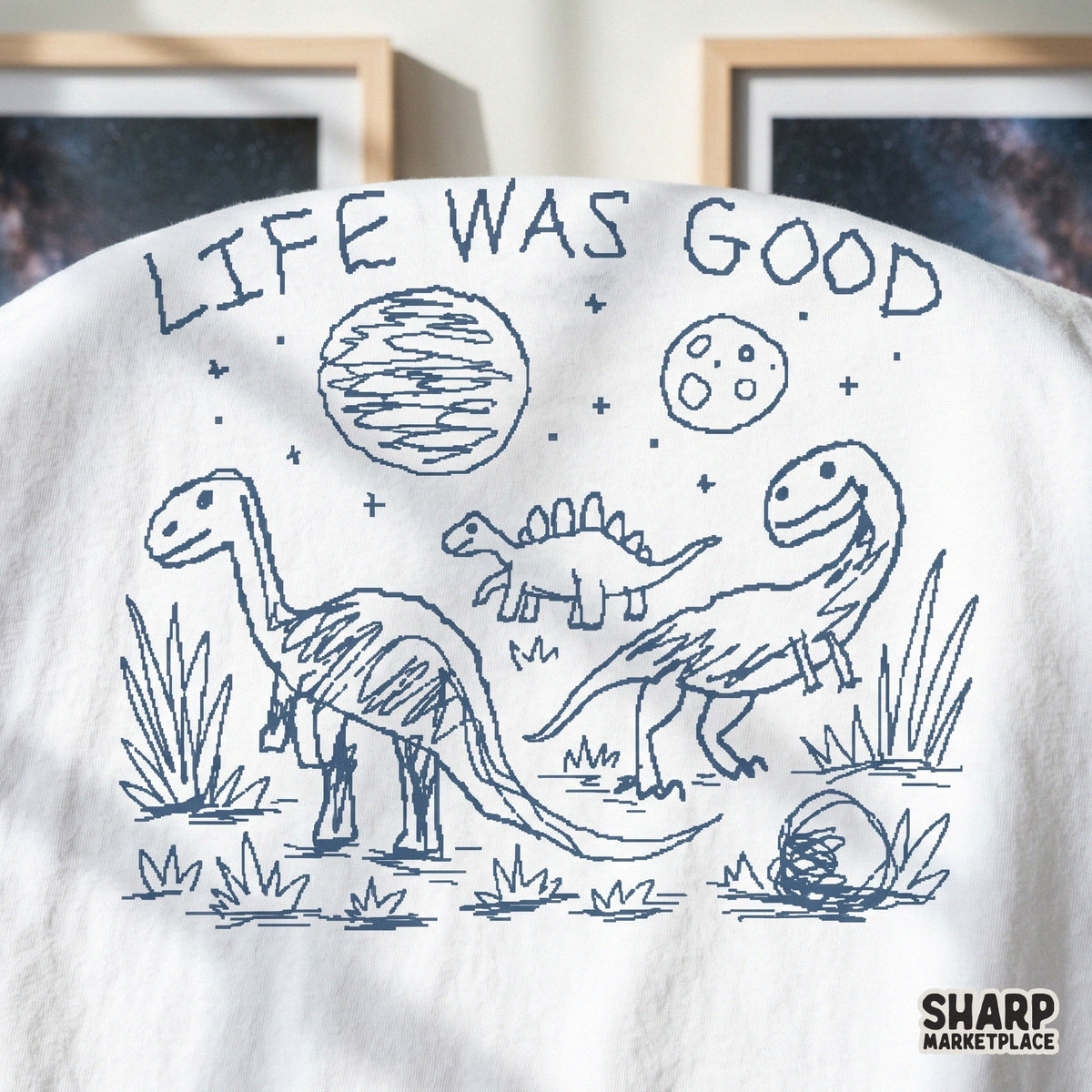 Nostalgic sketch-style dinosaur illustration with the phrase Life Was Good, a versatile digital download for print-on-demand creative projects.