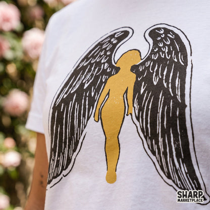 Golden guardian angel silhouette with majestic wings, spiritual Christian sublimation PNG design for retro t-shirt printing