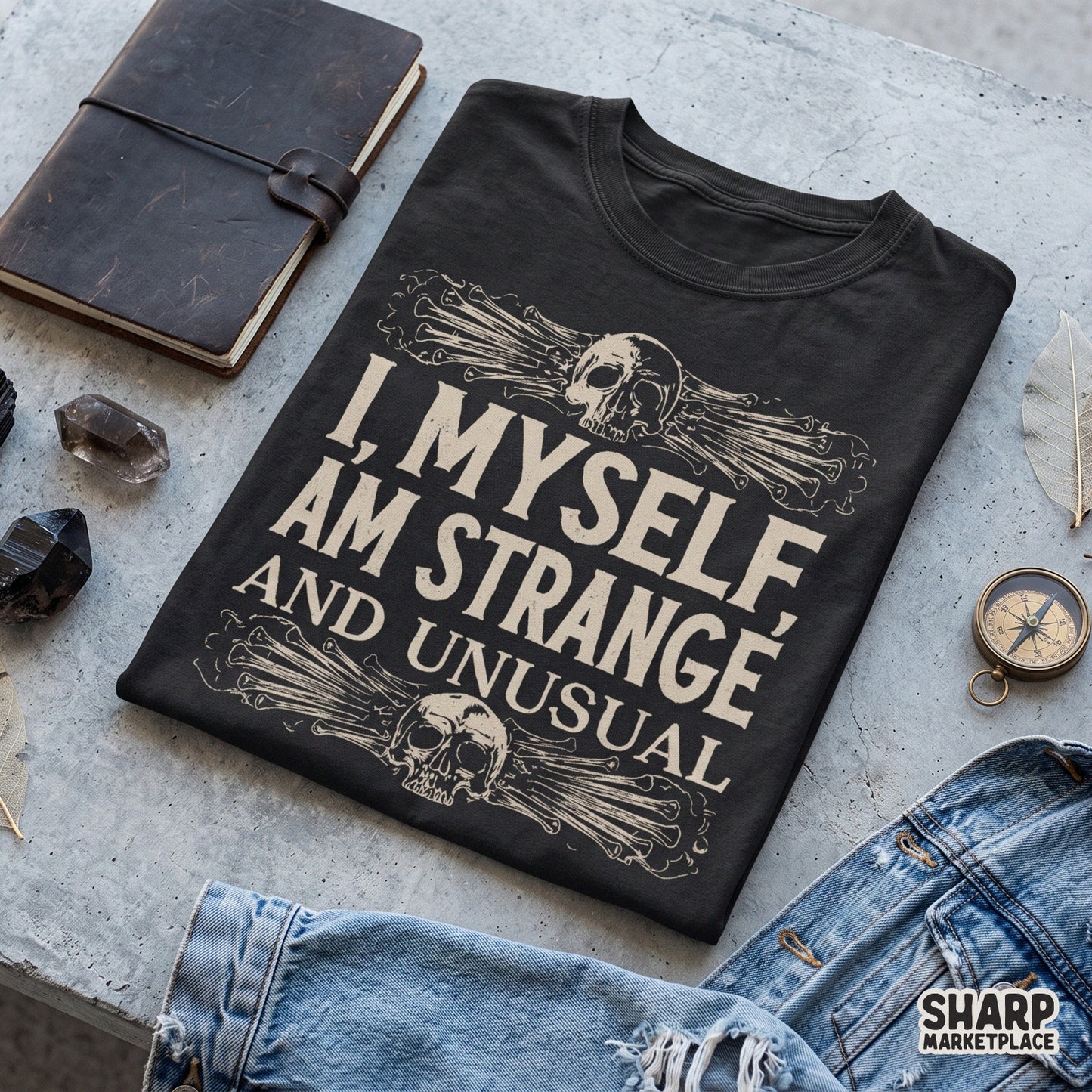Skull and bones graphic with a gothic horror movie quote for spooky season t-shirts and dark humor Halloween apparel designs