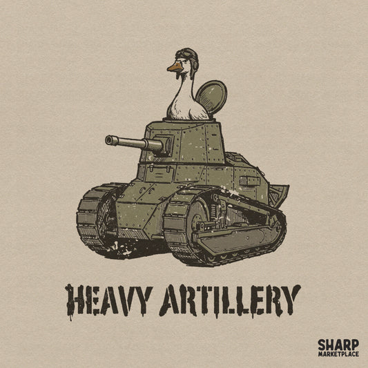 Vintage style illustration of a goose wearing a pilot helmet inside a military tank with the text Heavy Artillery in a gritty, dripping font.