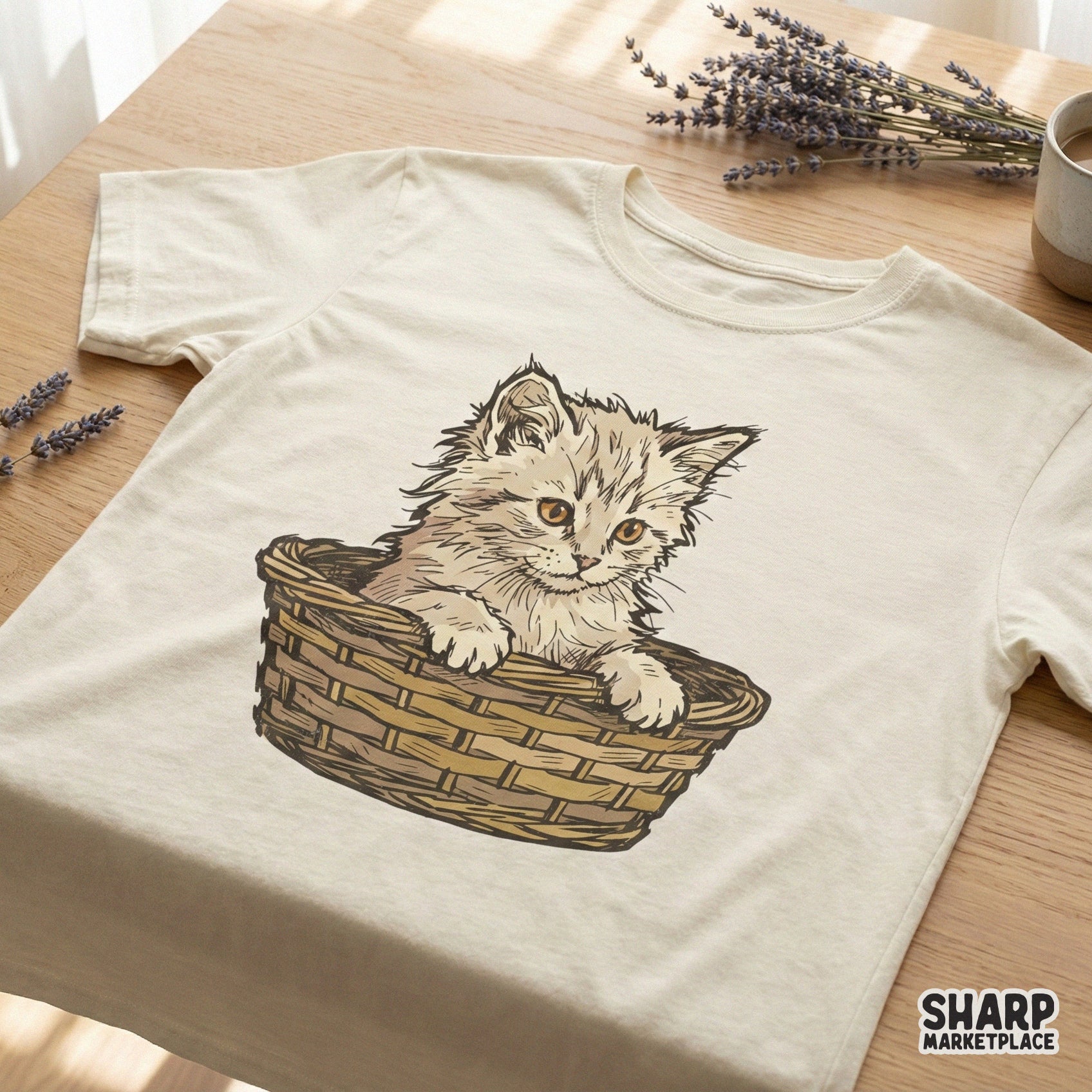 Vintage Kitten in Basket Shirt, Cute Fluffy Cat Illustration Tee for Pet