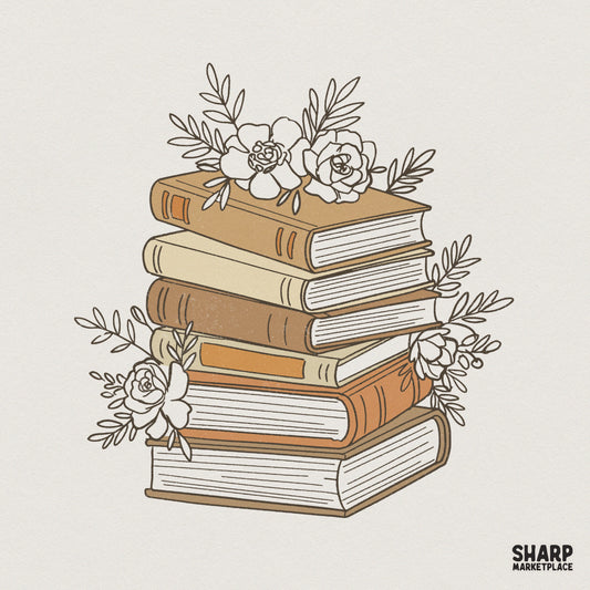 Hand-drawn vintage book stack illustration with delicate botanical flowers and leaves in a warm boho color palette for digital crafting.