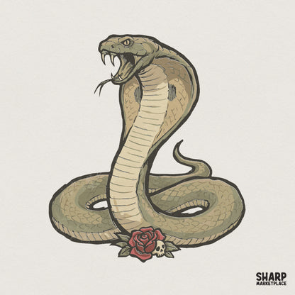 Fierce cobra with an open hood and bared fangs, featuring a red rose and skull at the base in a vintage tattoo art style for apparel printing.