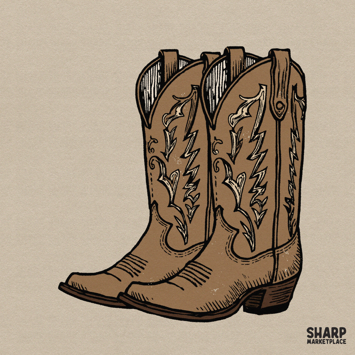 Vintage western cowboy boots illustration with classic country music style for trendy rodeo t-shirts and apparel