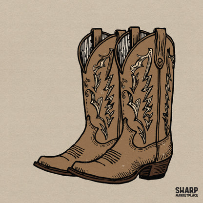 Vintage western cowboy boots illustration with classic country music style for trendy rodeo t-shirts and apparel