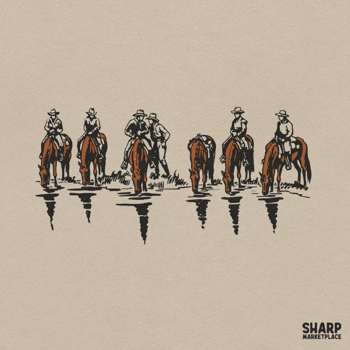 Rustic cowboys riding horses at a river vintage western png graphic for sublimation country t-shirts