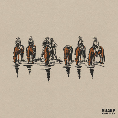 Rustic cowboys riding horses at a river vintage western png graphic for sublimation country t-shirts