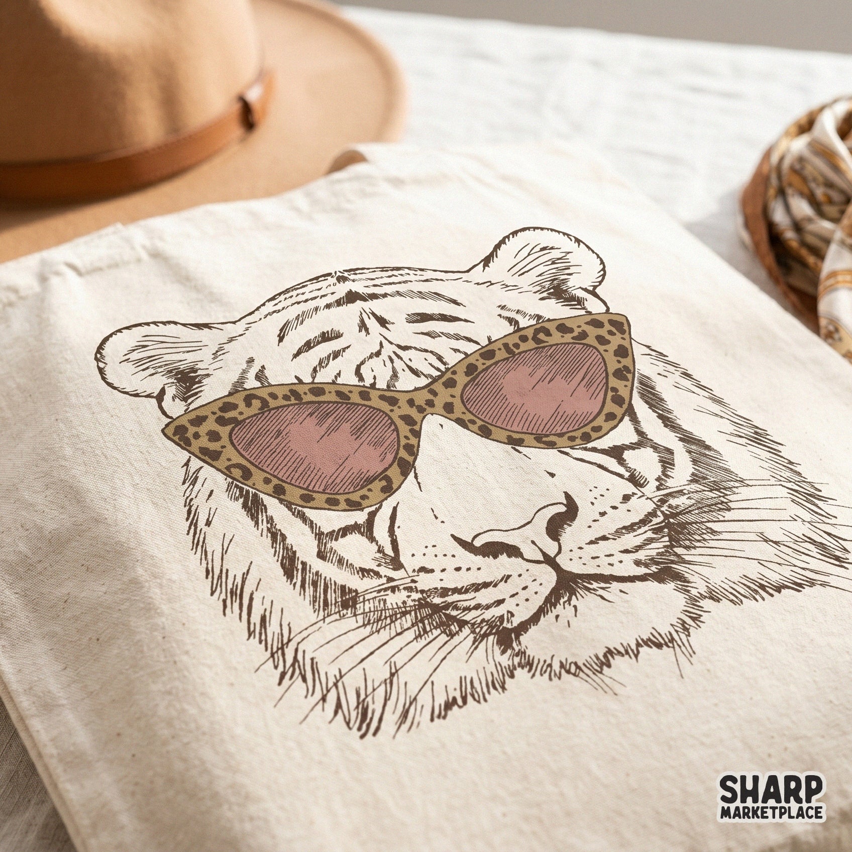 Cool retro tiger face wearing leopard print sunglasses trendy png for custom t-shirt sublimation