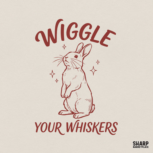 Vintage style rabbit illustration with the text Wiggle Your Whiskers in a rustic red monochrome tone, perfect for sublimation and apparel projects.