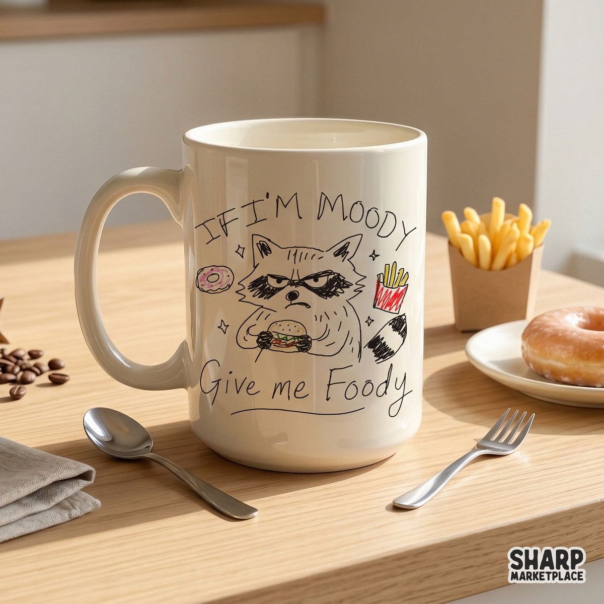 Playful hand-drawn raccoon illustration with the phrase If I'm Moody Give Me Foody, a high-resolution design for print-on-demand and craft projects.