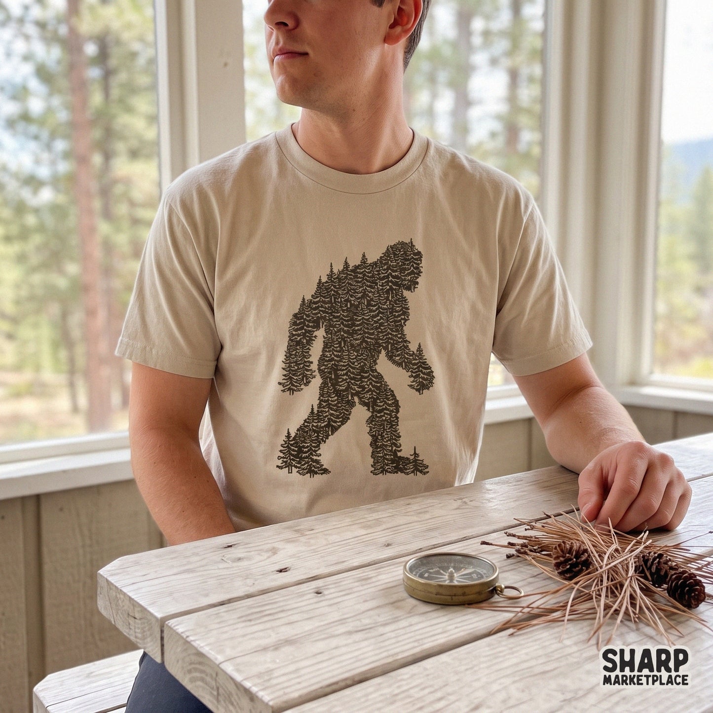 Bigfoot silhouette in a pine tree forest, retro vintage sasquatch hunting graphic for camping png shirt sublimation