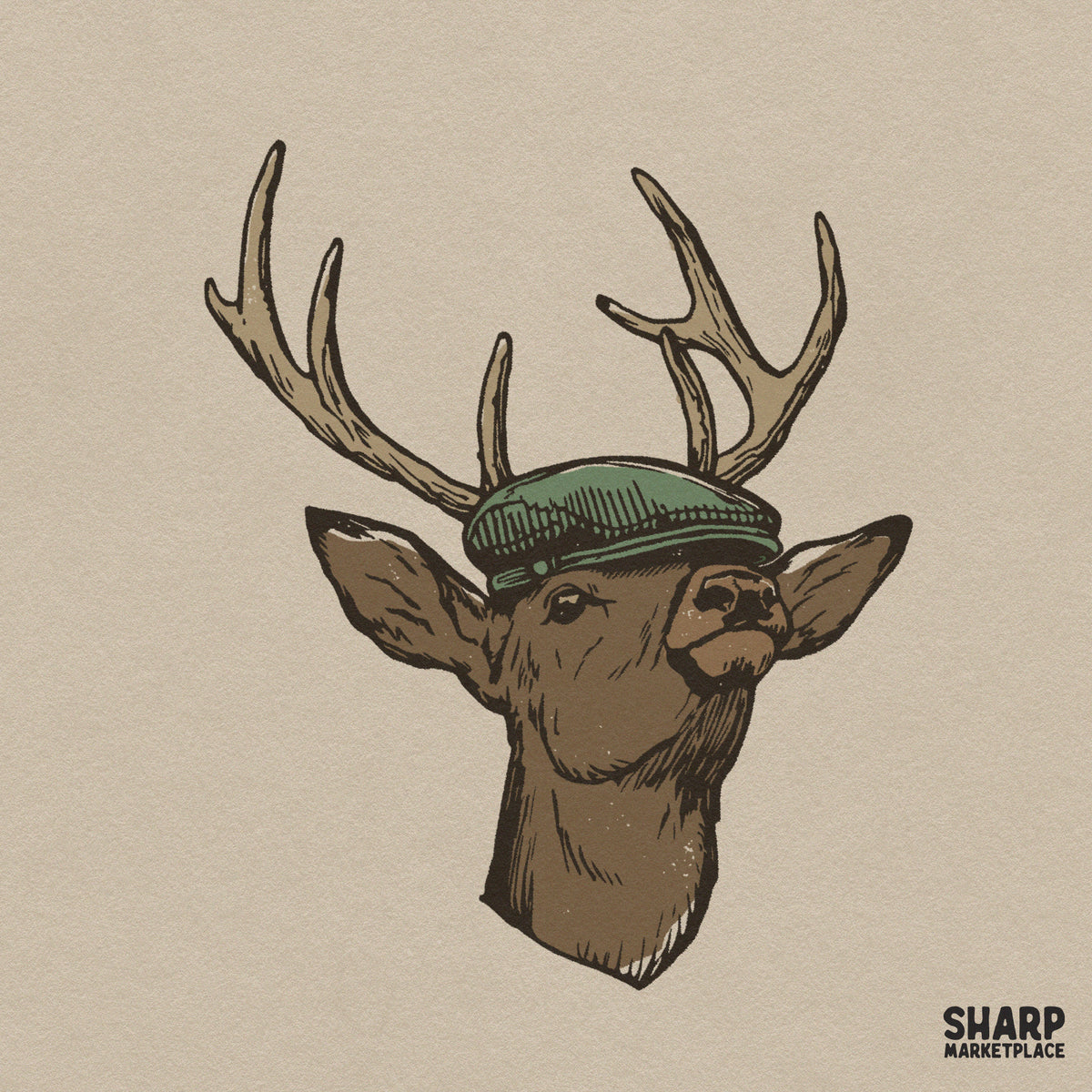Vintage deer head wearing a green flat cap funny hunting png graphic for retro t-shirt sublimation