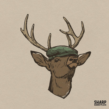 Vintage deer head wearing a green flat cap funny hunting png graphic for retro t-shirt sublimation