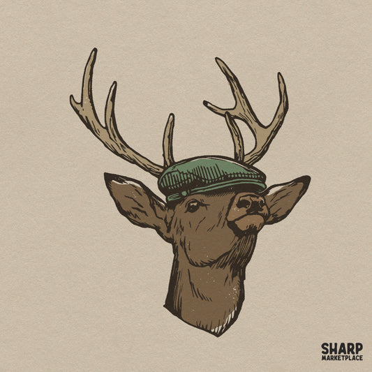 Vintage deer head wearing a green flat cap funny hunting png graphic for retro t-shirt sublimation