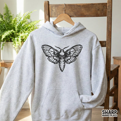 Detailed digital illustration of a death moth with a skull pattern on its body, presented as a high-quality graphic for gothic-themed DIY projects.