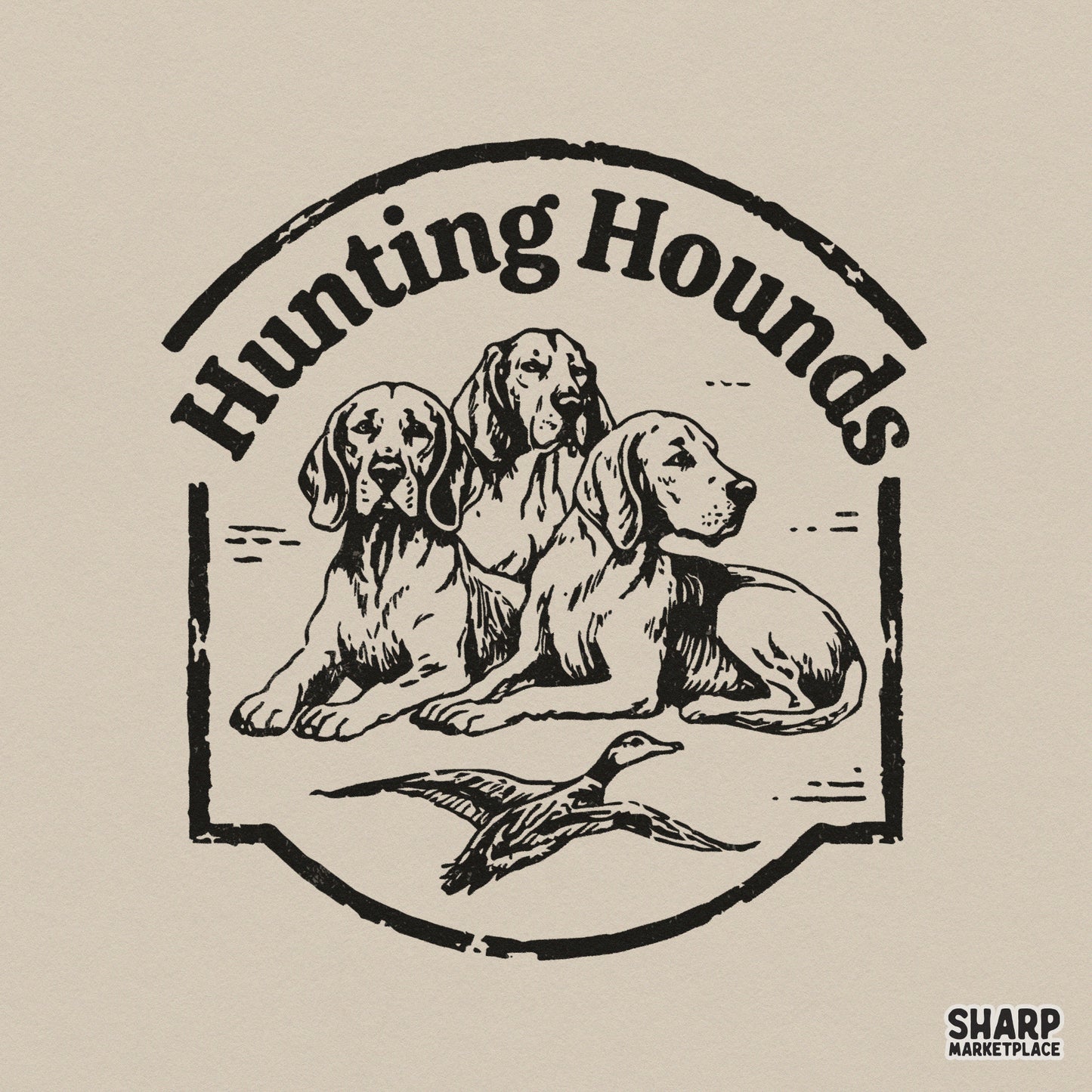 Vintage style Hunting Hounds badge design featuring three dogs and a flying duck in black line art, perfect for western apparel and sublimation.