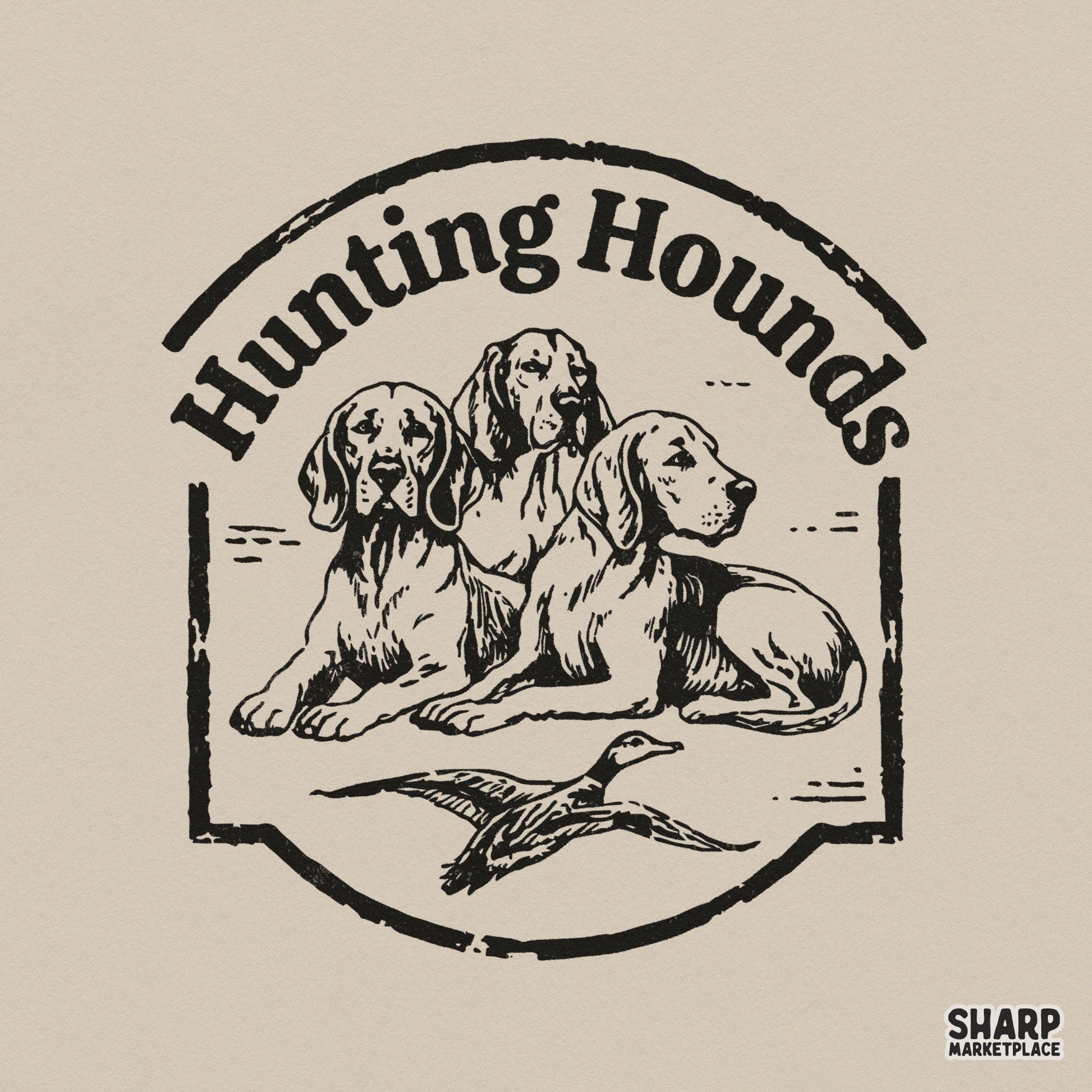 Vintage style Hunting Hounds badge design featuring three dogs and a flying duck in black line art, perfect for western apparel and sublimation.