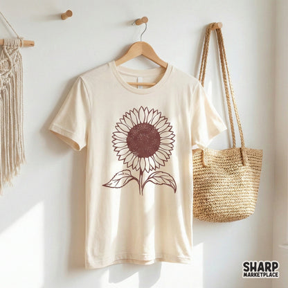 Single vintage style sunflower PNG with intricate hand drawn petals and leaves, ideal for farmhouse wall art, stickers, and custom clothing.