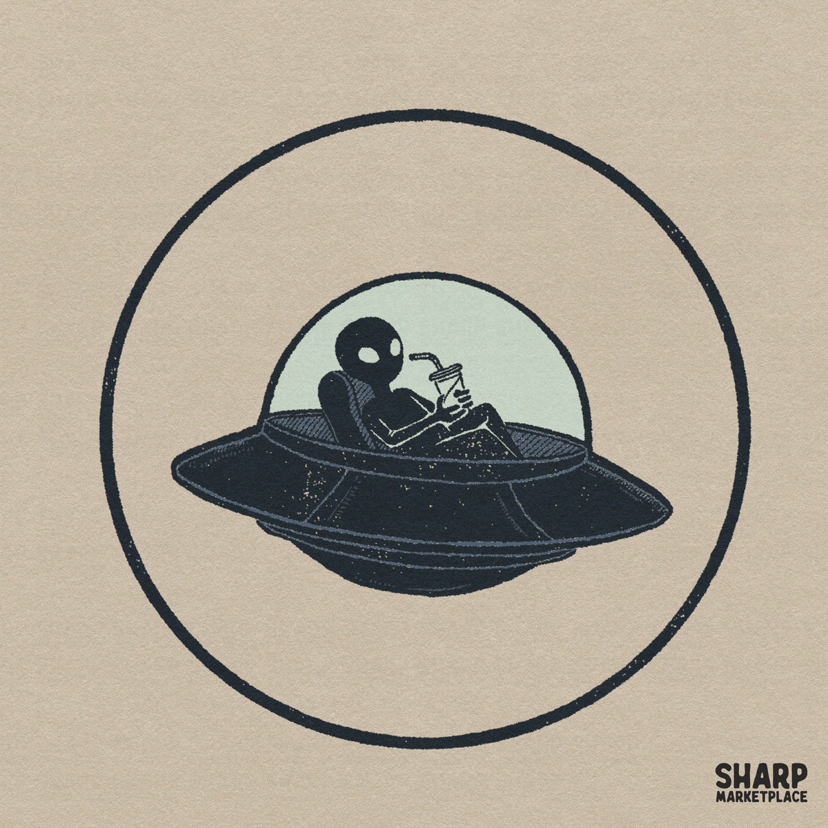 Funny alien drinking iced coffee in a UFO sci-fi space art graphic for shirt and tumbler sublimation PNG