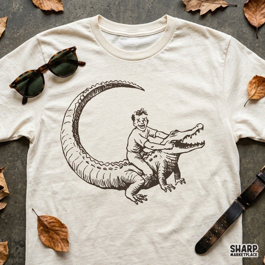 Funny vintage drawing of a boy riding an alligator in a swamp, retro animal PNG graphic for custom t-shirts