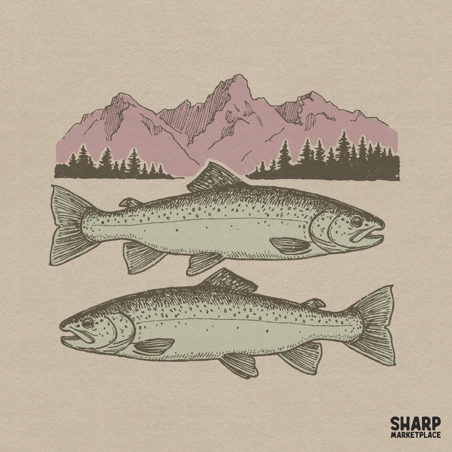 Vintage mountain trout graphic with pine trees for summer fishing lake life shirt sublimation designs
