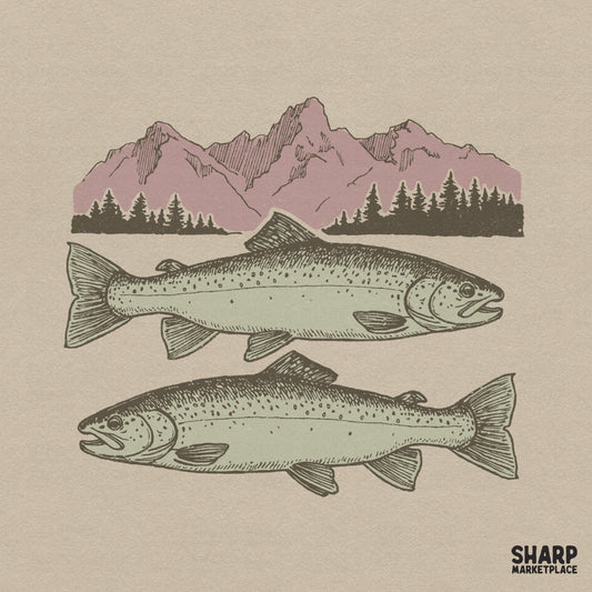 Vintage mountain trout graphic with pine trees for summer fishing lake life shirt sublimation designs