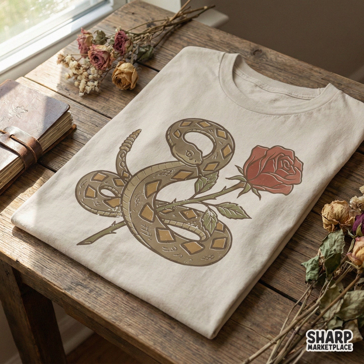 Rattlesnake and Rose PNG, Vintage Tattoo-Style Snake Flower Art - 300 DPI