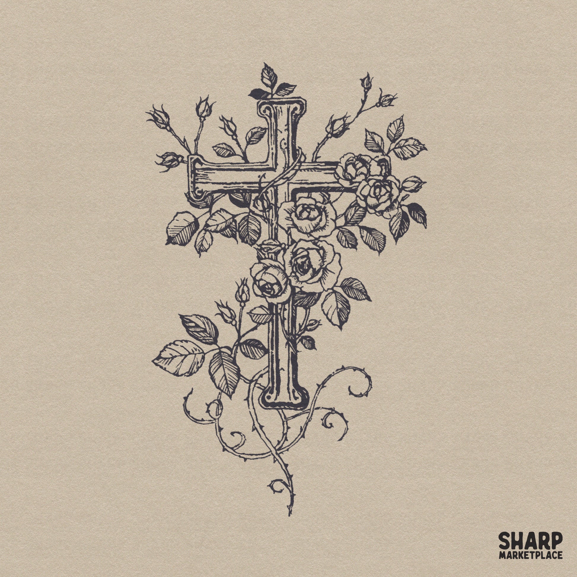 Vintage floral cross with thorny roses sketch design for Christian Easter sublimation and religious shirt crafts