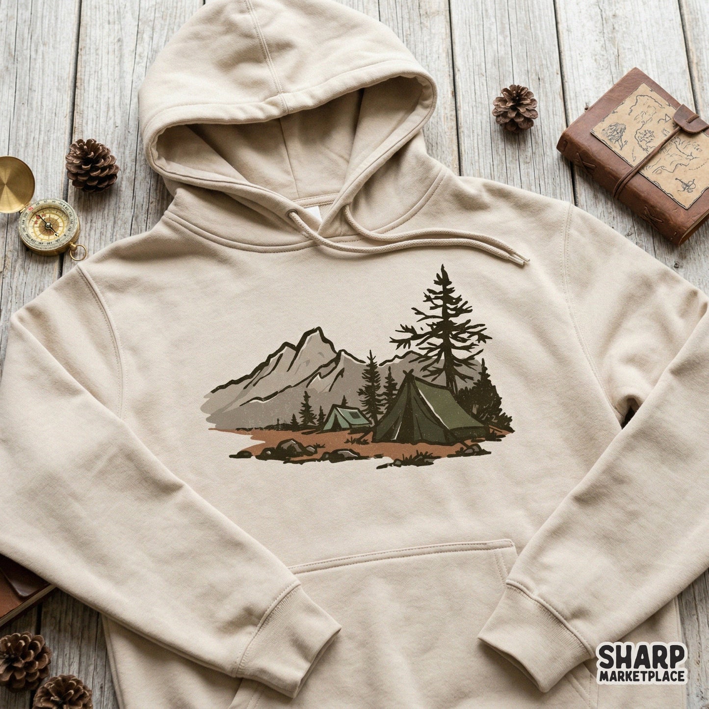 Digital download of a mountain camping illustration with a distressed texture, perfect for custom apparel, nature-themed stickers, and outdoor wall art.